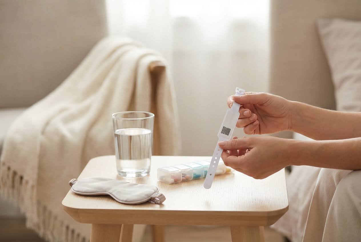 Hands holding a white wristband with a QR code, next to a glass of water, a sleep mask, and a pill organizer on a light wooden table