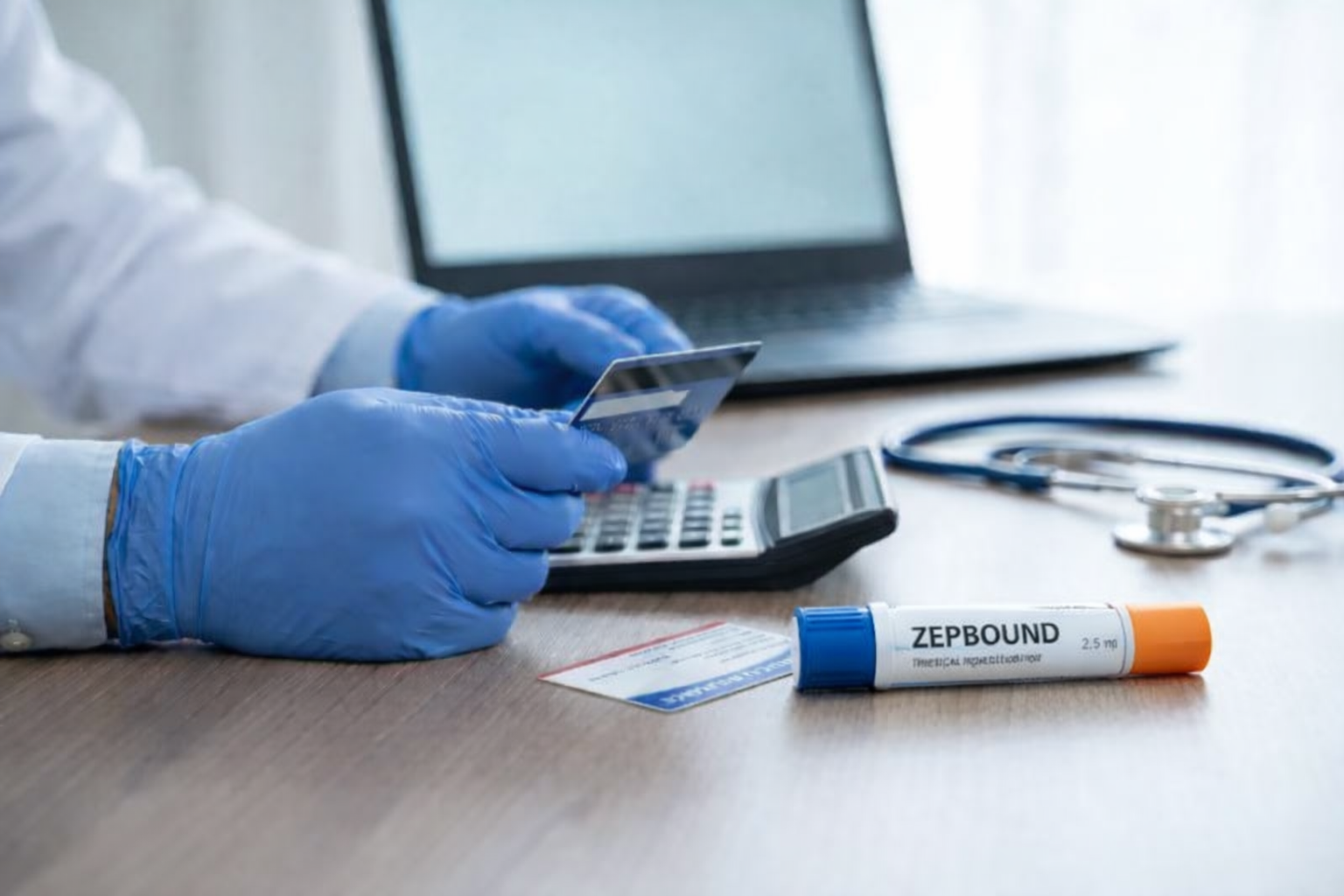 Healthcare professional wearing blue gloves holds a credit card near a calculator, with a Zepbound injection pen and stethoscope on a desk, illustrating medication cost or insurance considerations.
