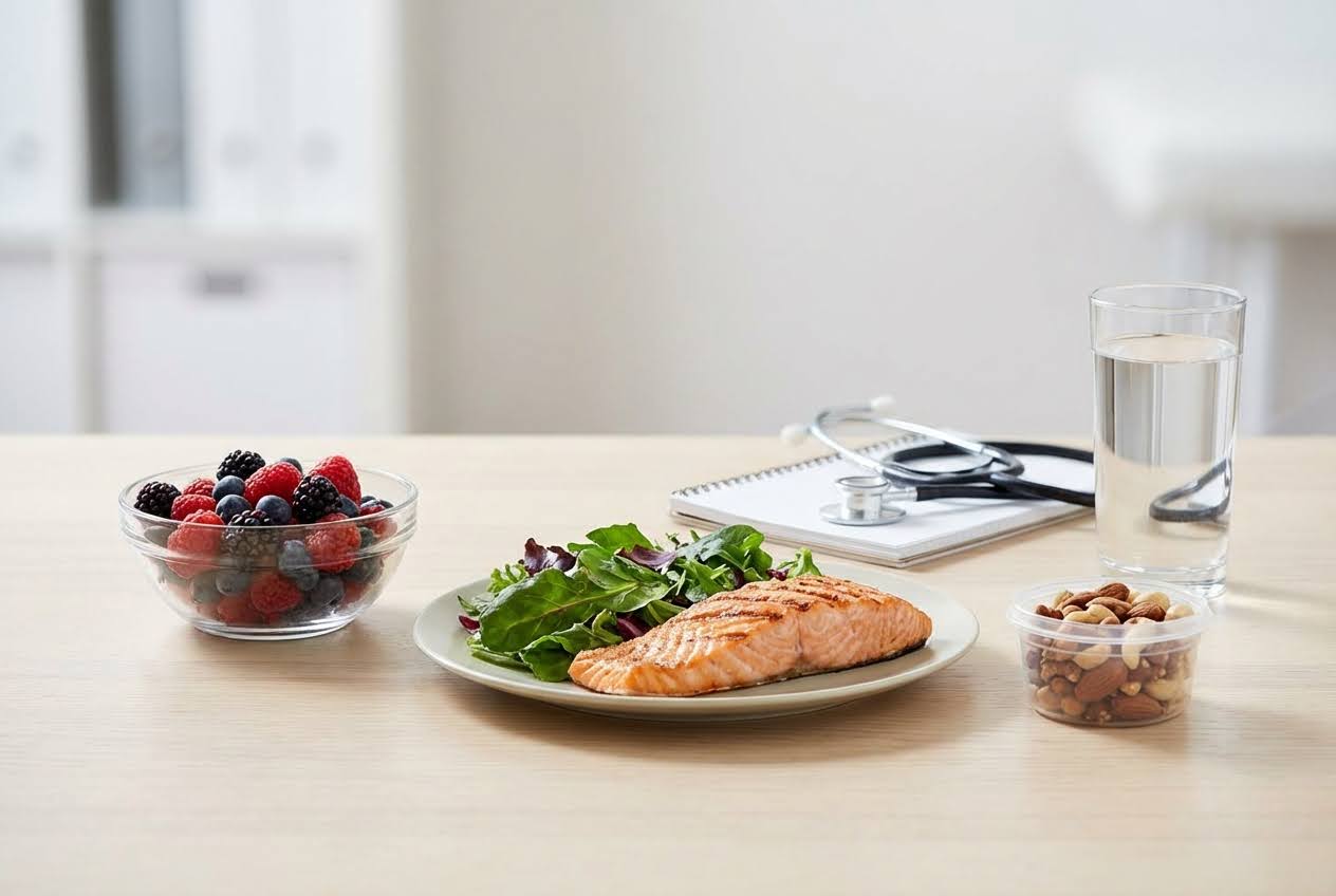 Healthy meal with grilled salmon, salad, berries, nuts, and water on a table with a stethoscope and notebook.