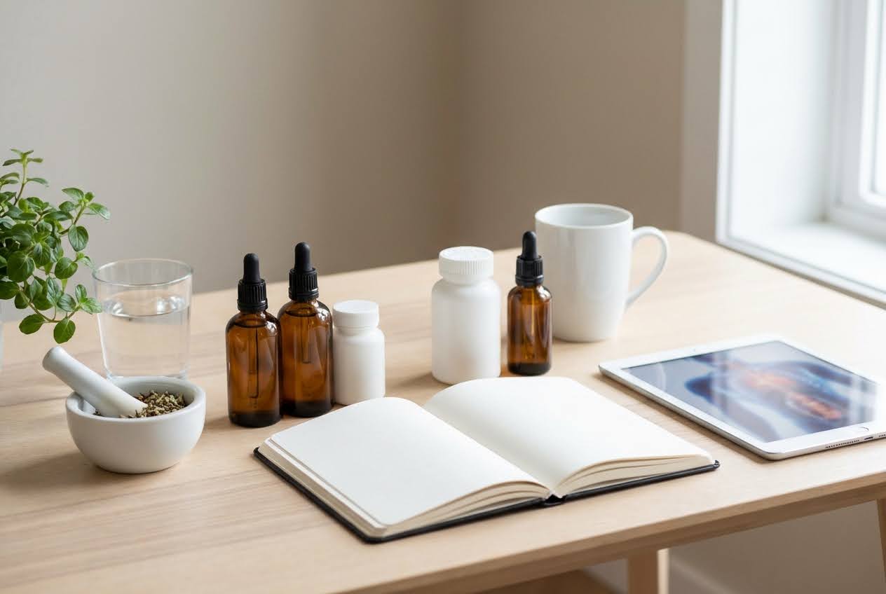 Herbal remedies, supplements, and a notebook on a light wooden table by a window.