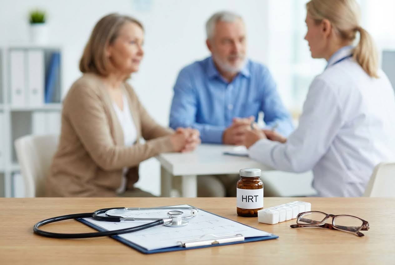 HRT bottle, pill organizer, and stethoscope on a desk with a blurred doctor and senior couple in the background