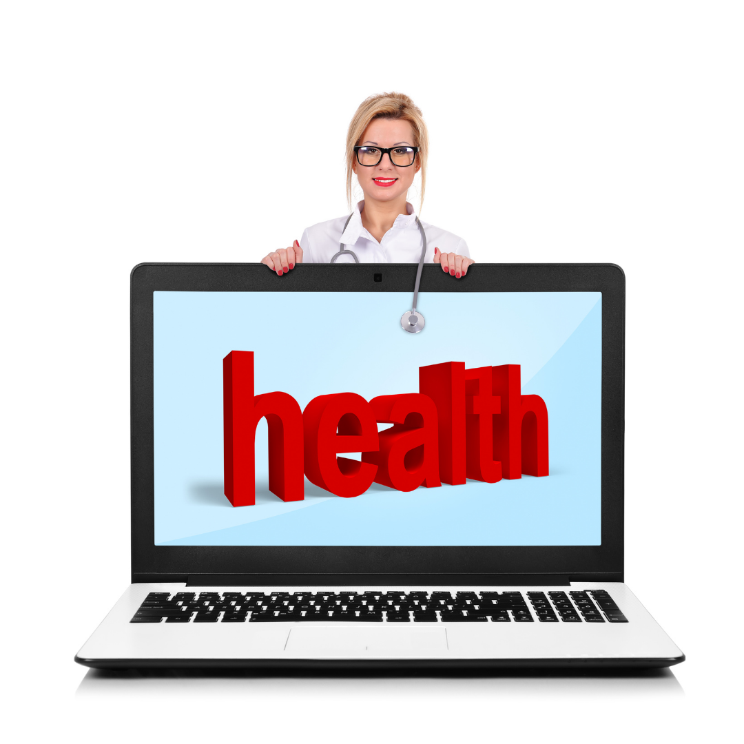Doctor holding a laptop with screen saying "health"