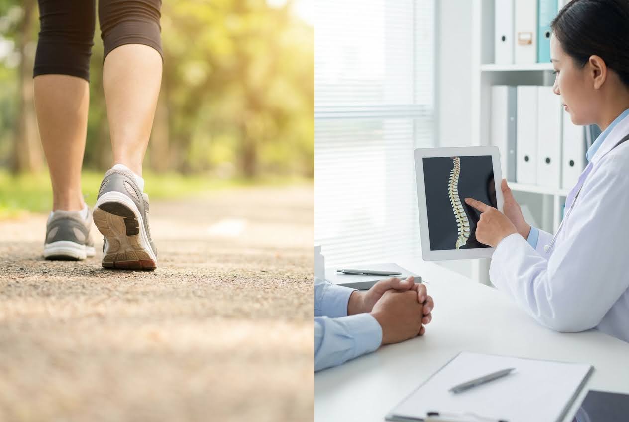 Legs walking on a path, and a doctor showing a spine image on a tablet to a patient