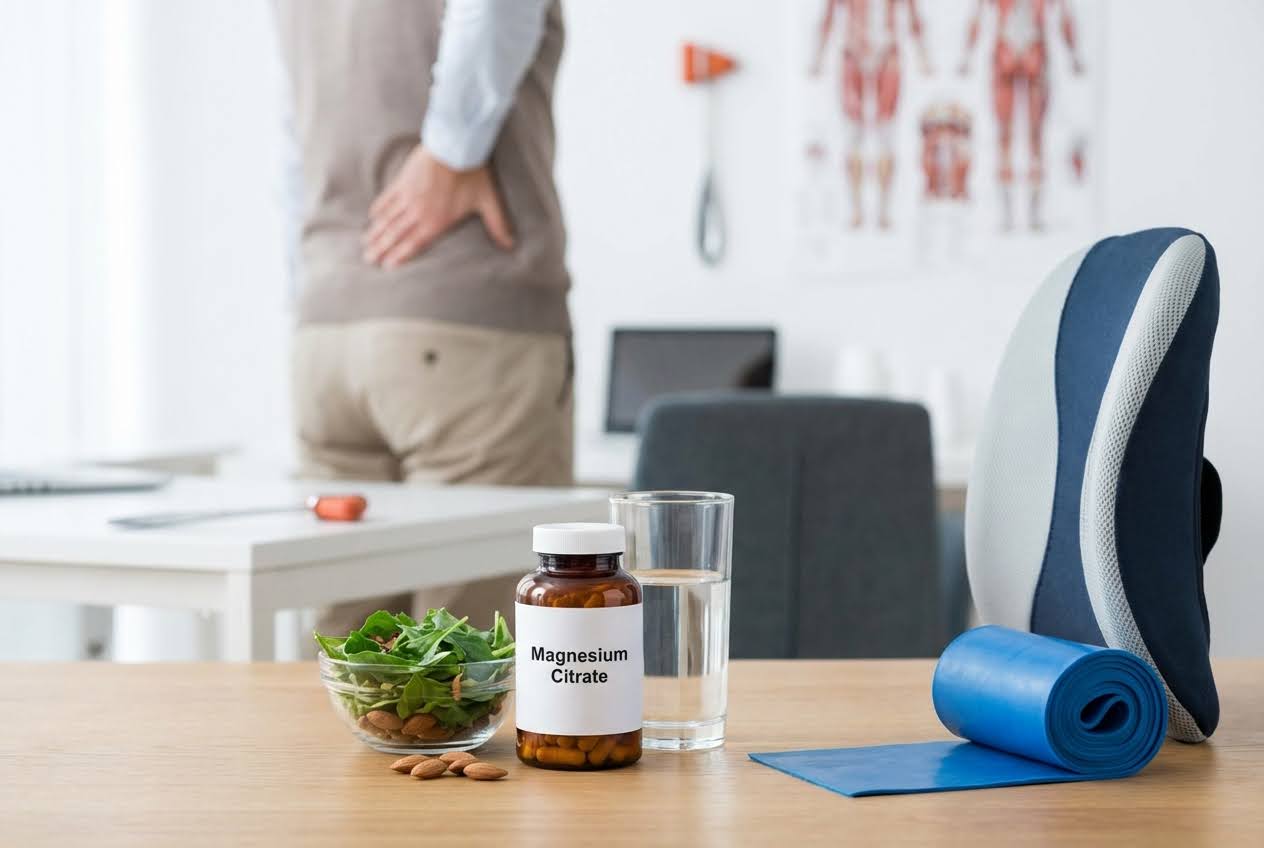 Magnesium citrate bottle, almonds, greens, and an exercise band on a desk, with a man holding his lower back in the background.