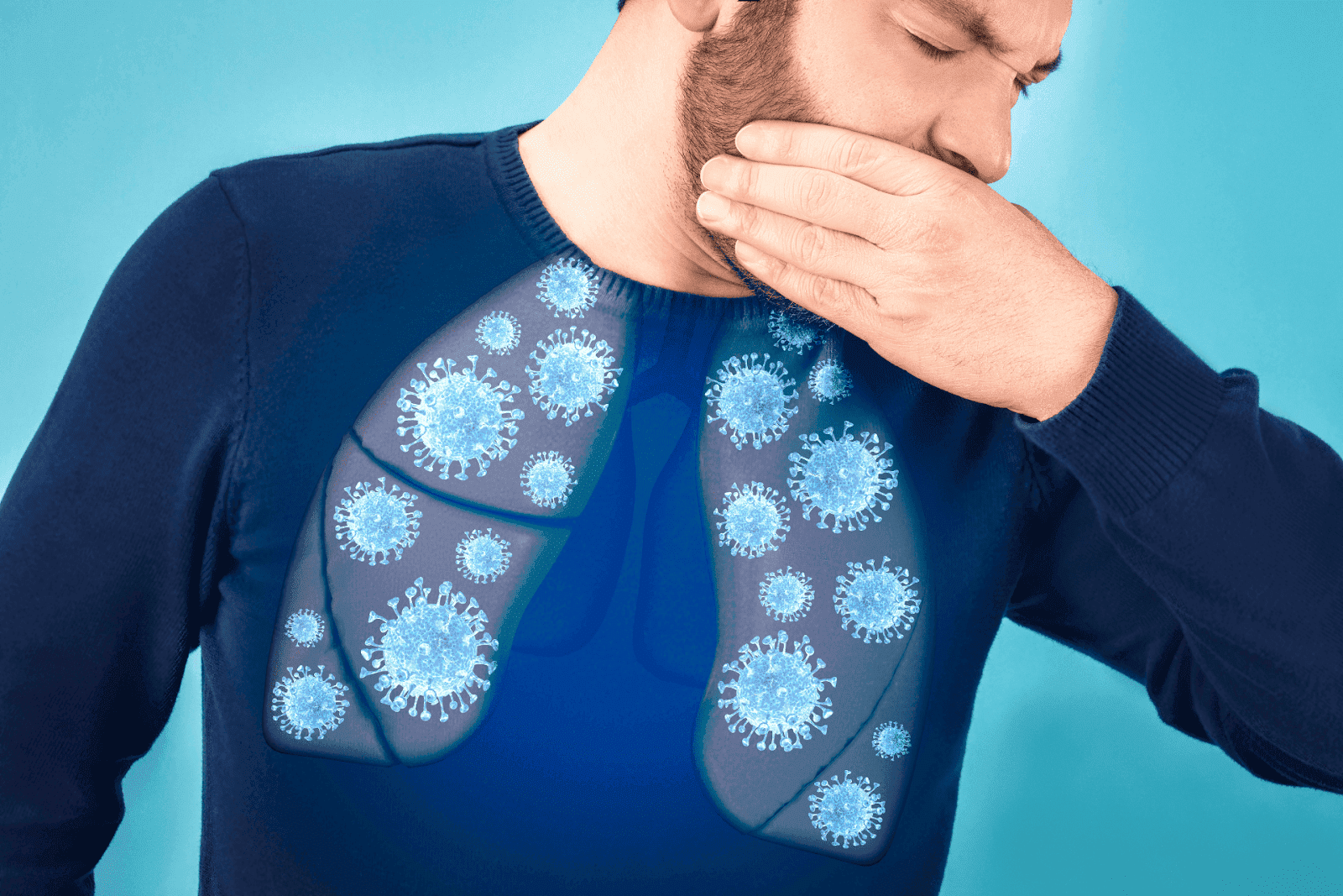 Man coughing with a digital overlay of lungs filled with virus-like particles.