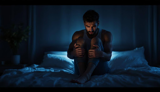 Man sitting in bed holding legs