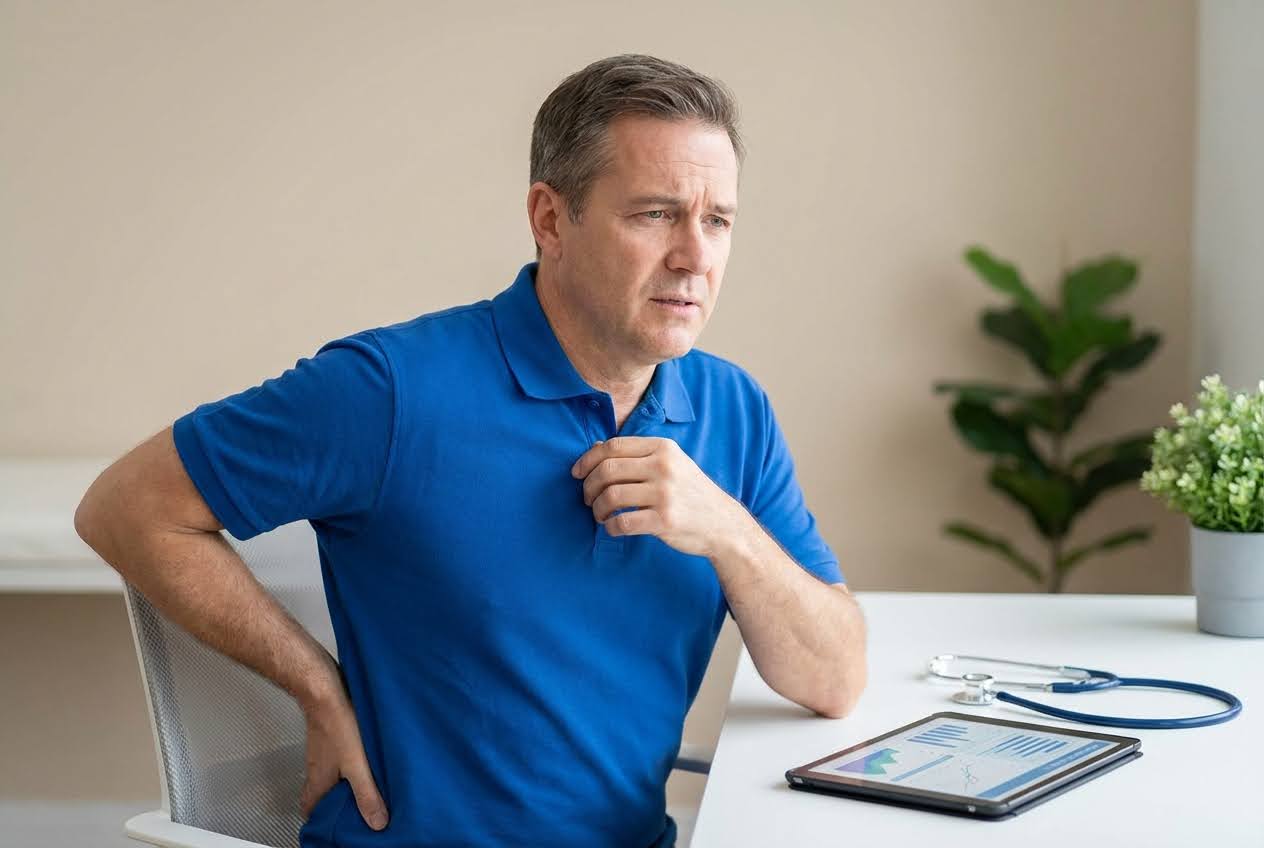 Man in blue polo shirt holding his lower back and chest, with a tablet and stethoscope on a white table.