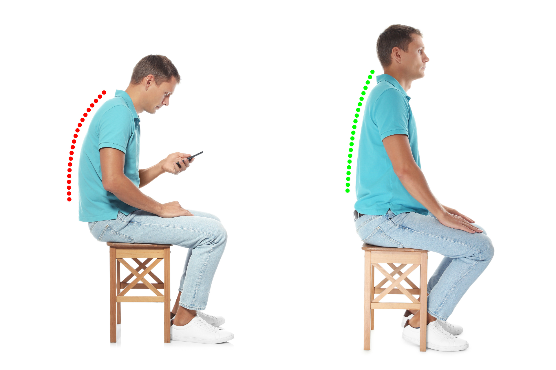 Man sitting with slouched posture compared to upright posture correction
