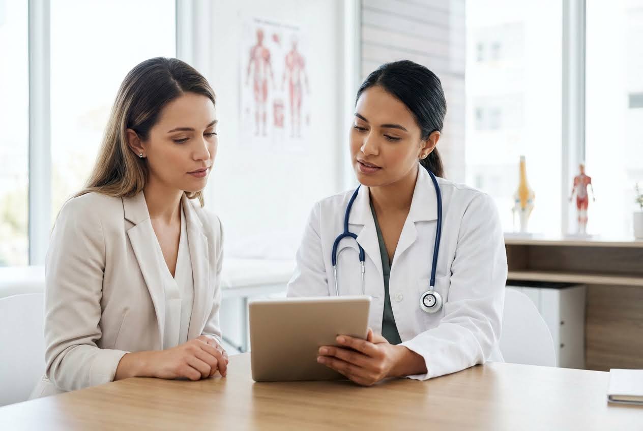 Female doctor in a white coat with a stethoscope showing a tablet to a patient in a bright clinic.