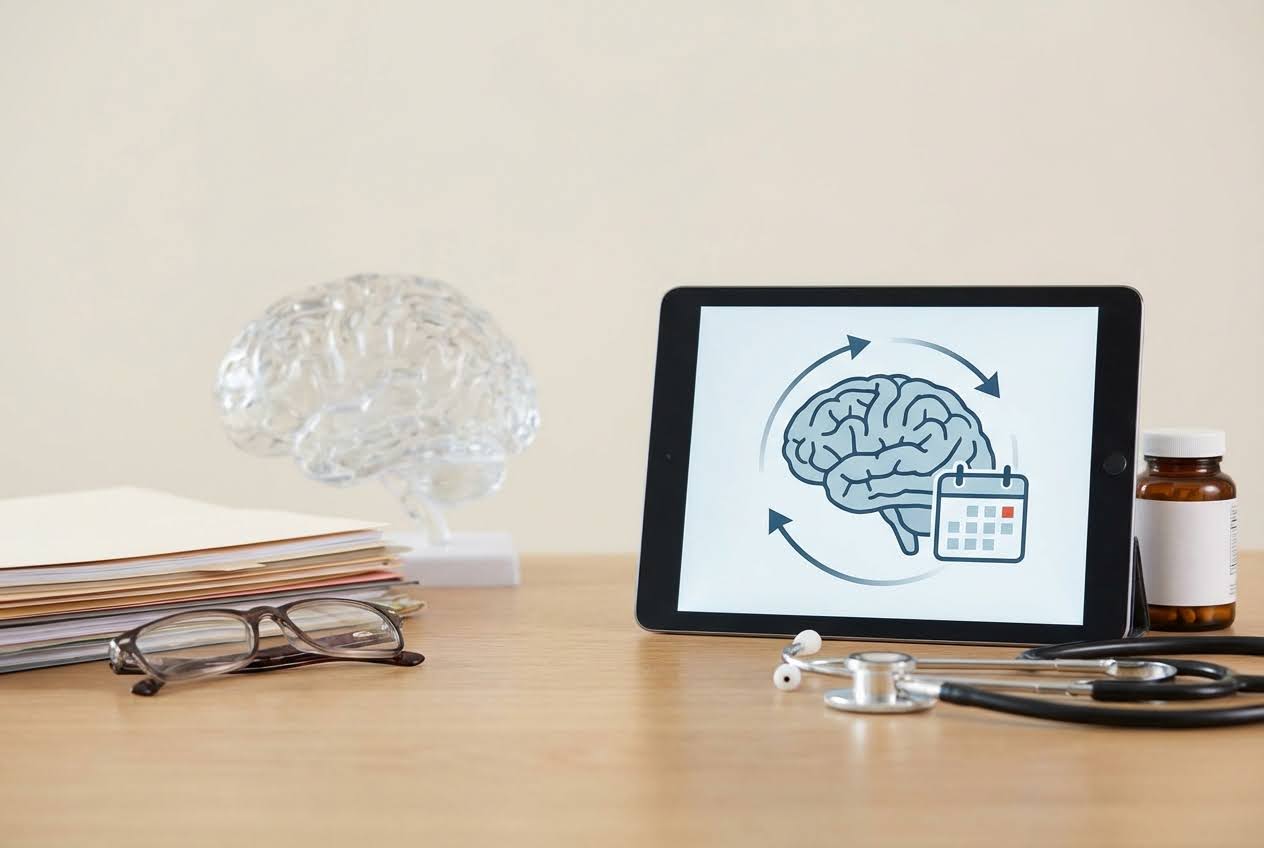 Medical desk with a brain model, files, glasses, tablet displaying brain and calendar icons, stethoscope, and pill bottle.