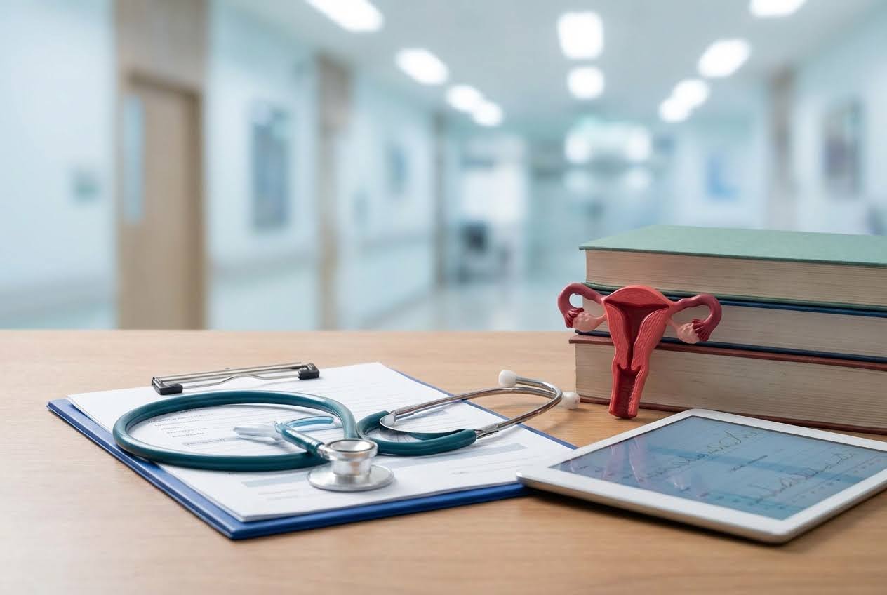 Medical desk with a stethoscope, clipboard, uterus model, books, and tablet in a blurred clinic hallway.