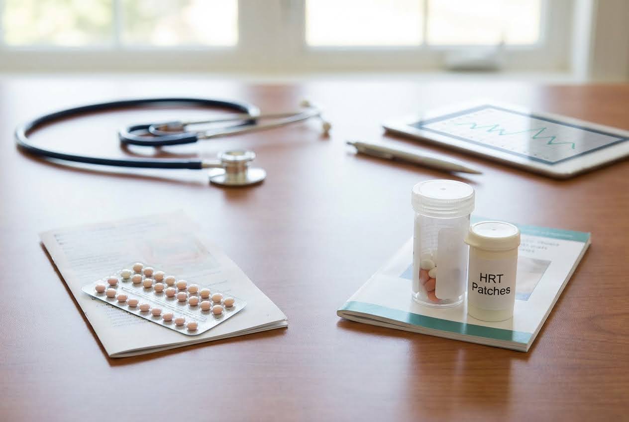 Medical desk with birth control pills, HRT patches, a stethoscope, and a tablet displaying a graph