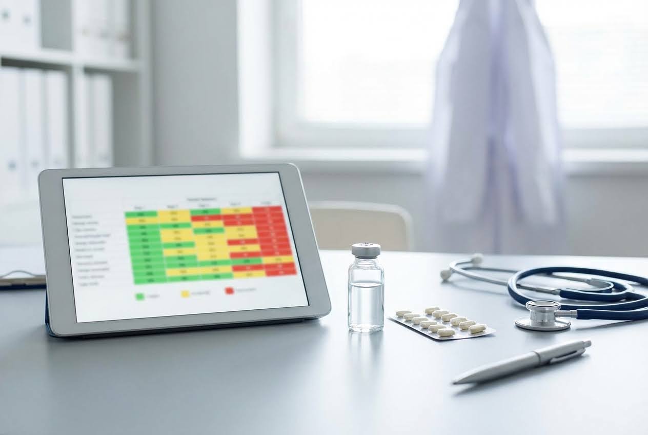 Medical office desk with a tablet displaying a colorful chart, a vial, a blister pack of pills, a stethoscope, and a pen.
