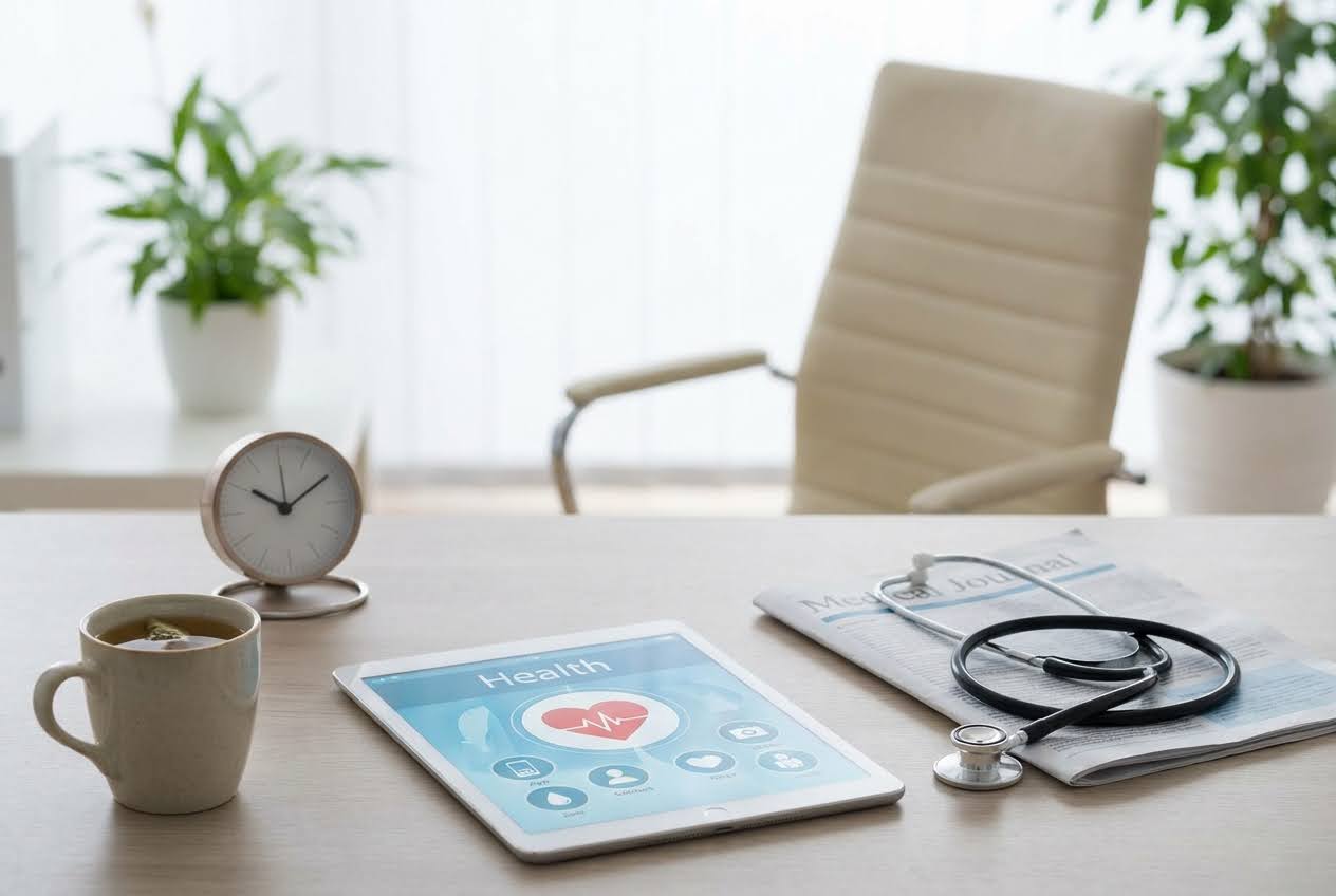 Medical office desk with a tablet displaying a health app, a stethoscope on a journal, a clock, and a cup of tea.