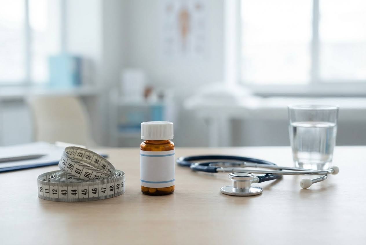 Medical table with a measuring tape, pill bottle, stethoscope, and glass of water in a bright room.