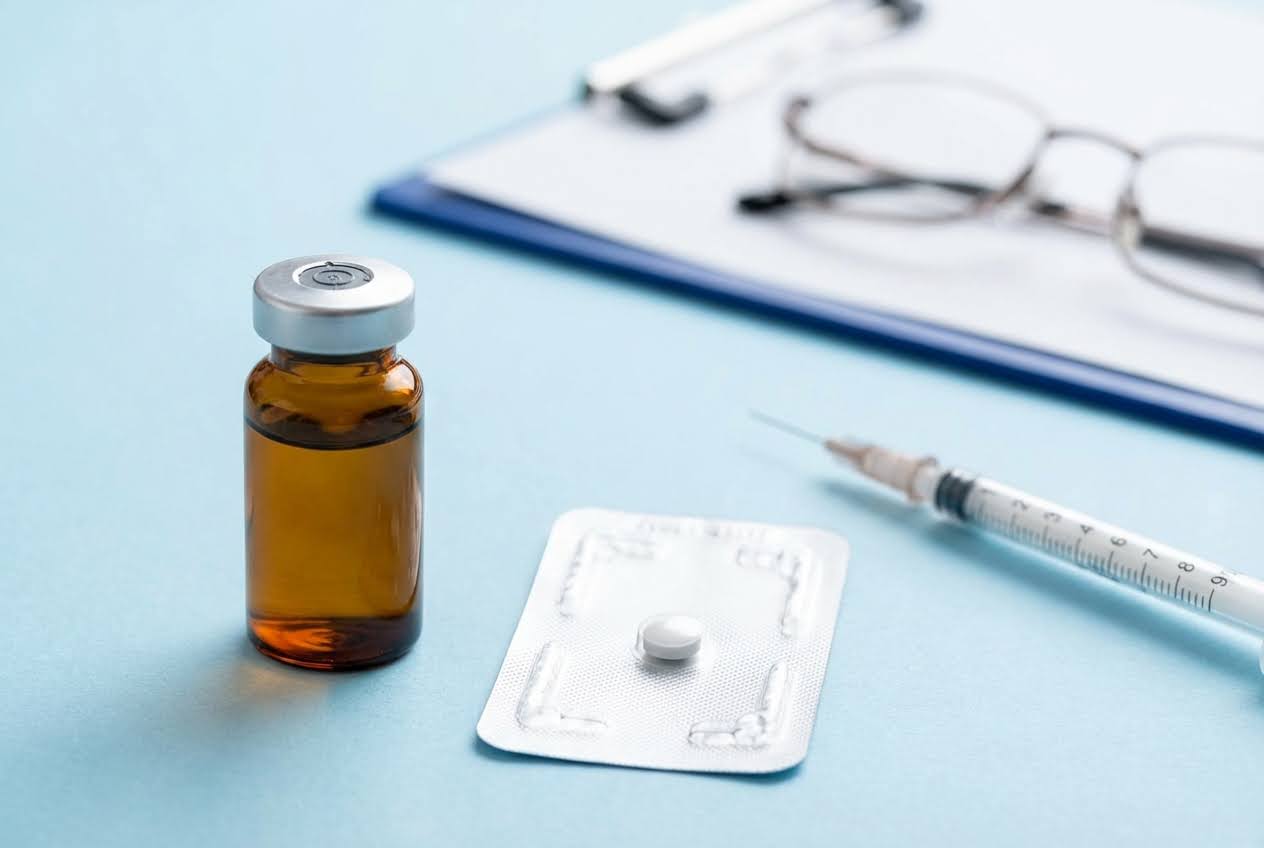 Medical vial, blister pack with one white pill, and syringe on a light blue surface with a clipboard and glasses in the background