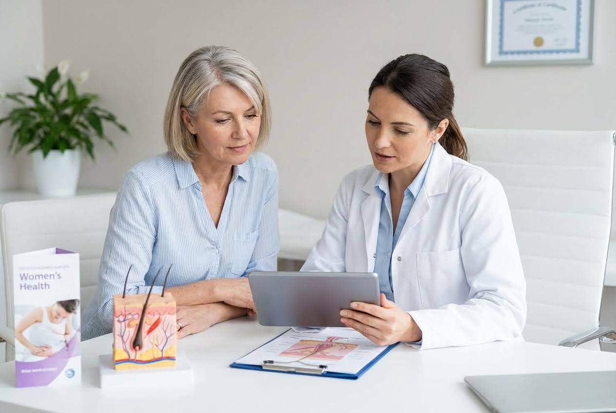 Doctor in white coat showing a tablet to a woman with gray hair, next to a hair follicle model and Women's Health brochure.