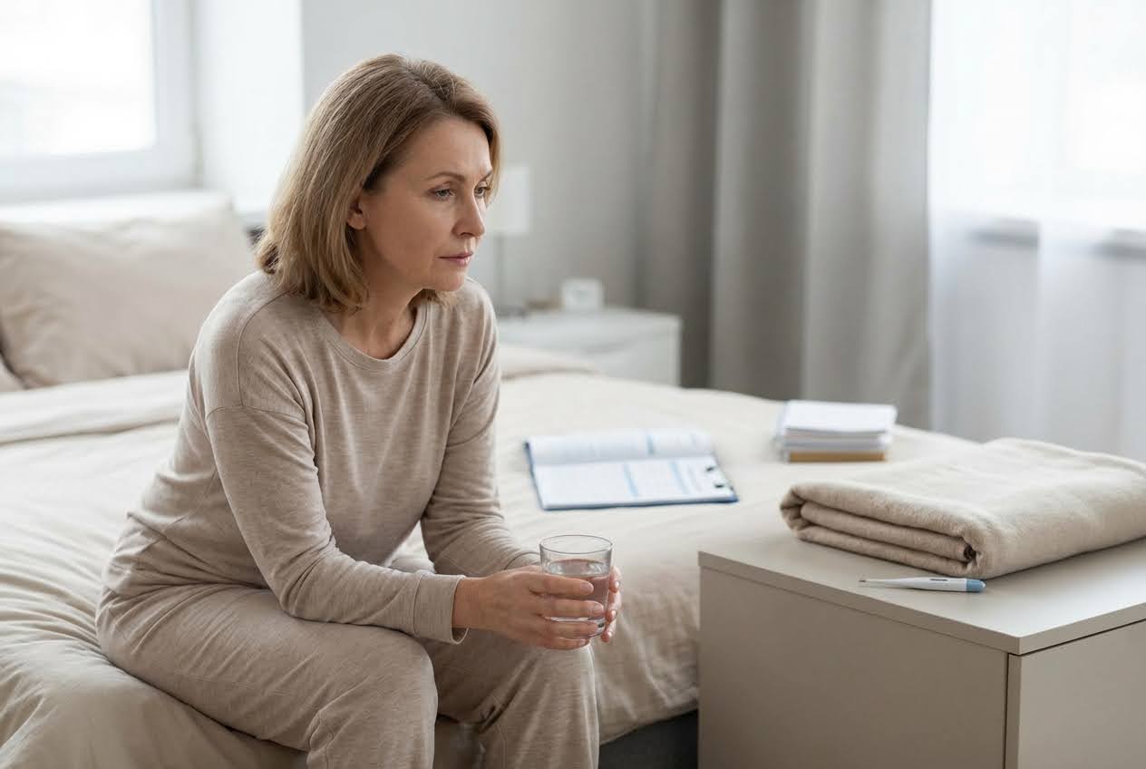 Middle-aged woman in beige pajamas sitting on a bed, holding a glass of water, with a thermometer on a nightstand