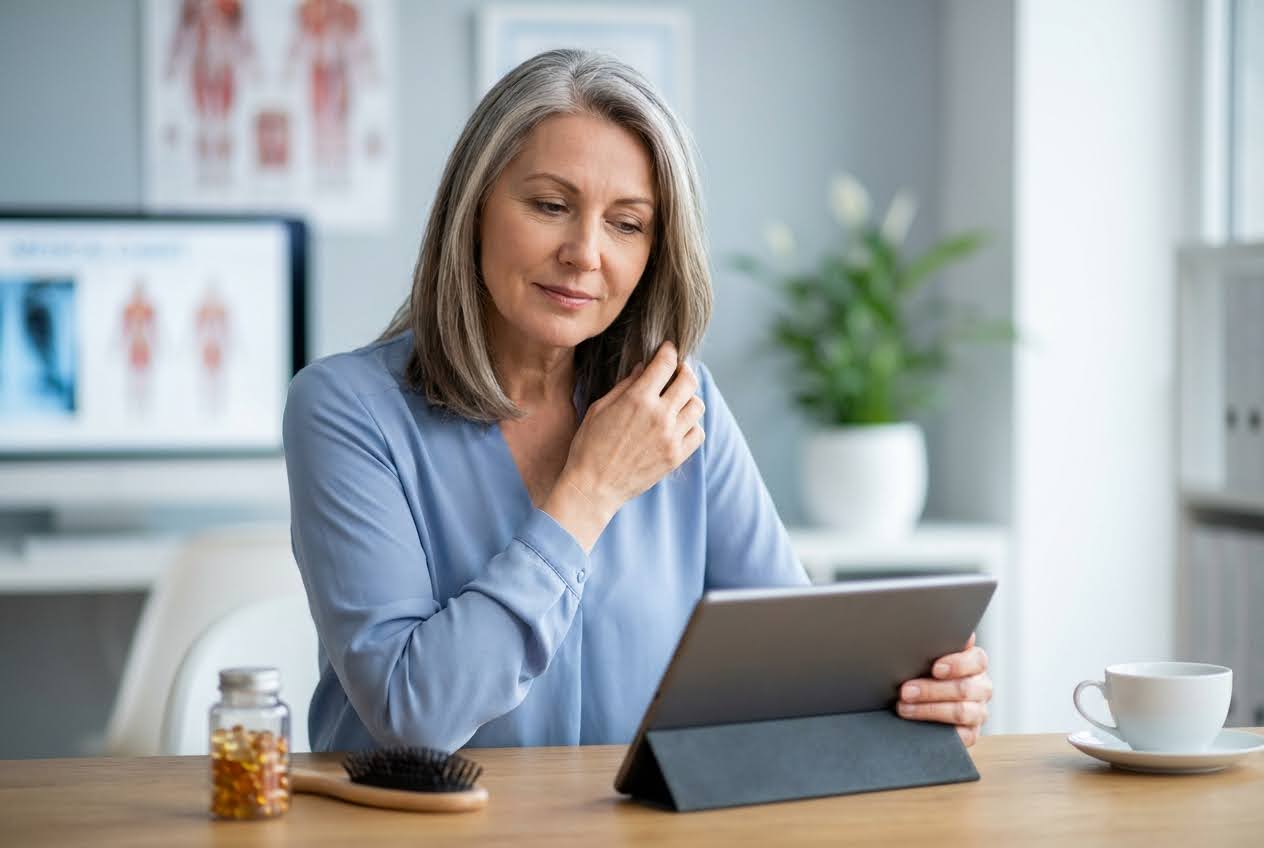 Middle-aged woman with gray hair touching her hair, looking at a tablet, with vitamins and a brush on the table.