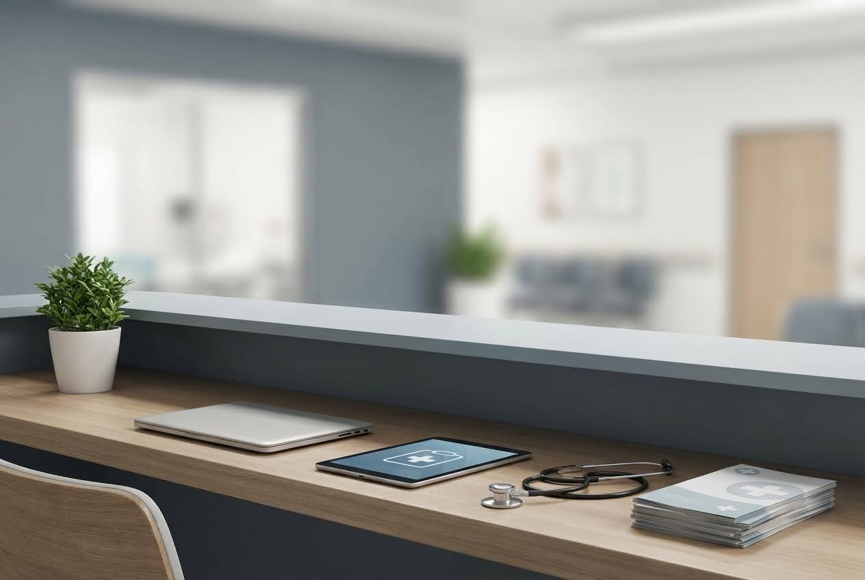 Modern clinic reception desk with a plant, closed laptop, tablet with medical icon, stethoscope, and brochures