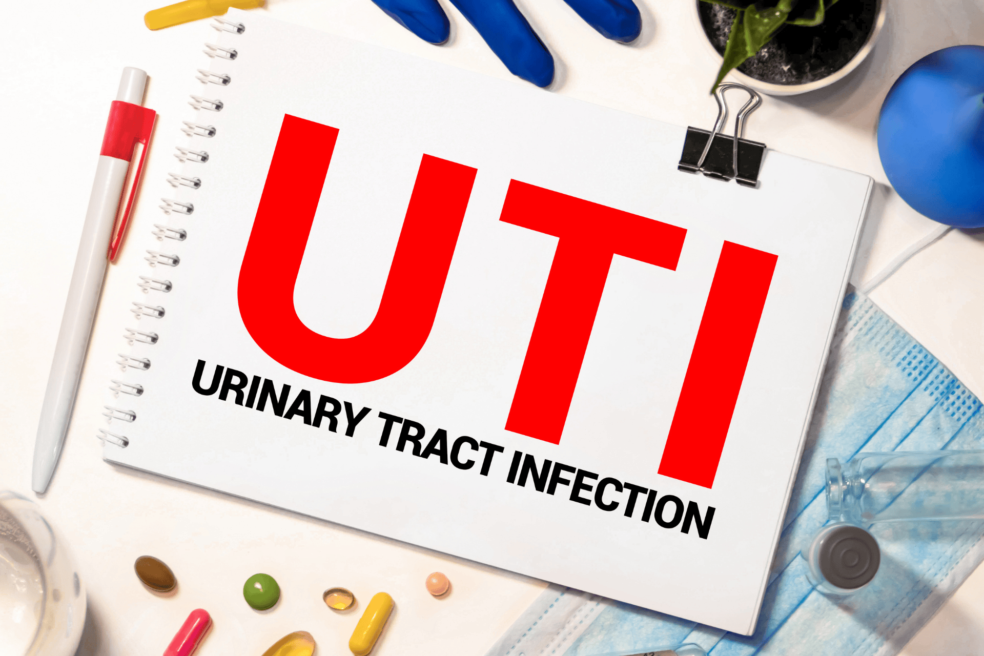 Notebook with large red letters UTI and the words urinary tract infection surrounded by medical items.