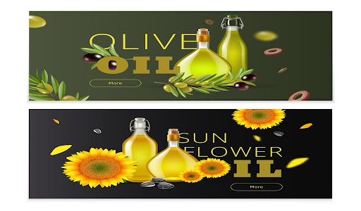 Dark green olive oil vs Bright yellow sunflower oil in its cylindrical jar.