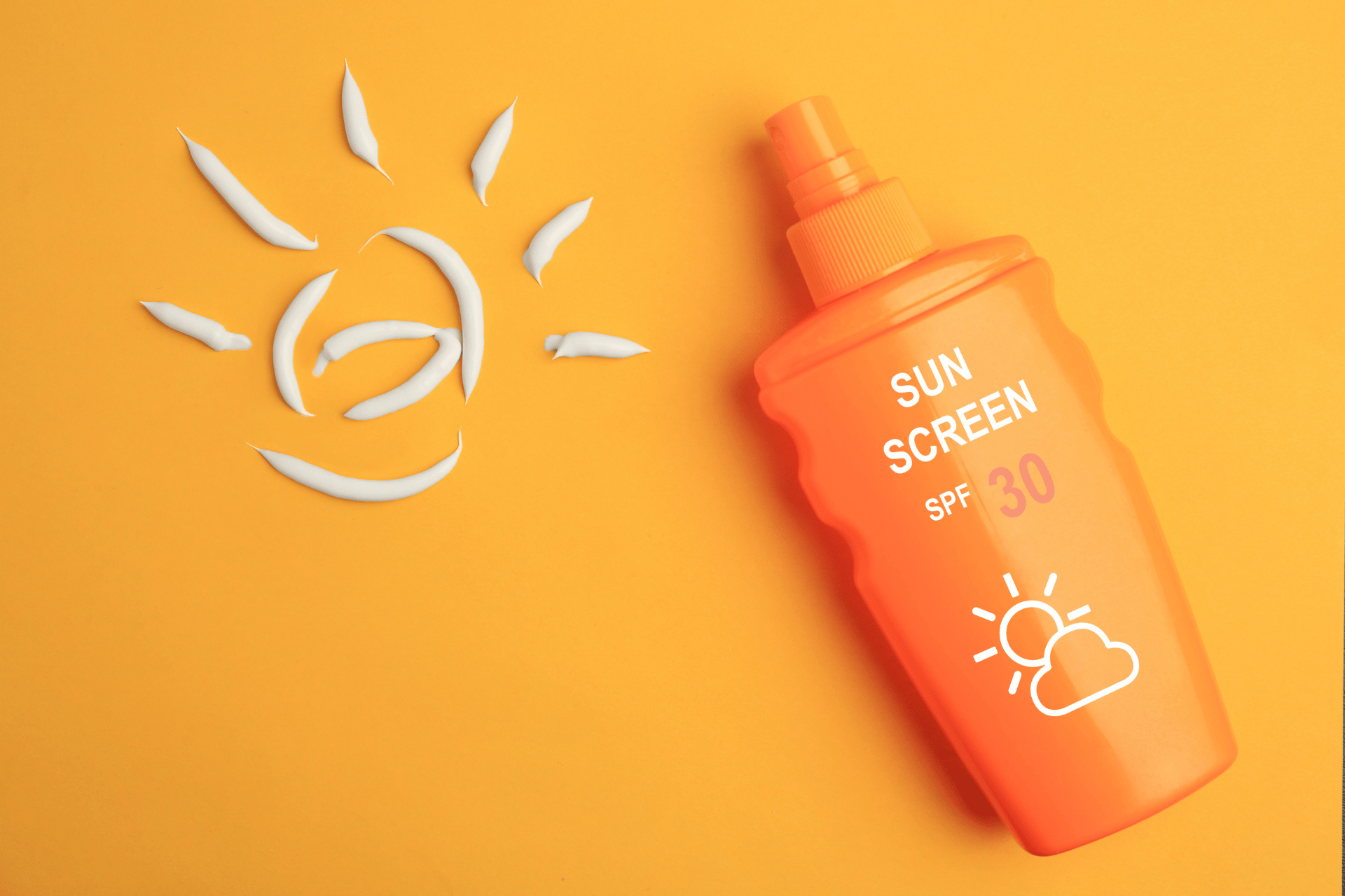 Orange sunscreen bottle labeled SPF 30 on a bright yellow background, next to a sun shape made from white cream.