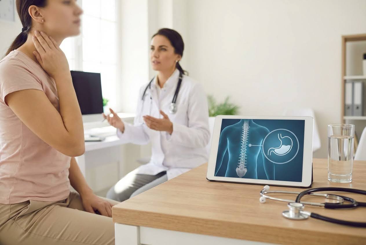 Patient holding neck while doctor explains anatomy on a tablet showing spine and stomach