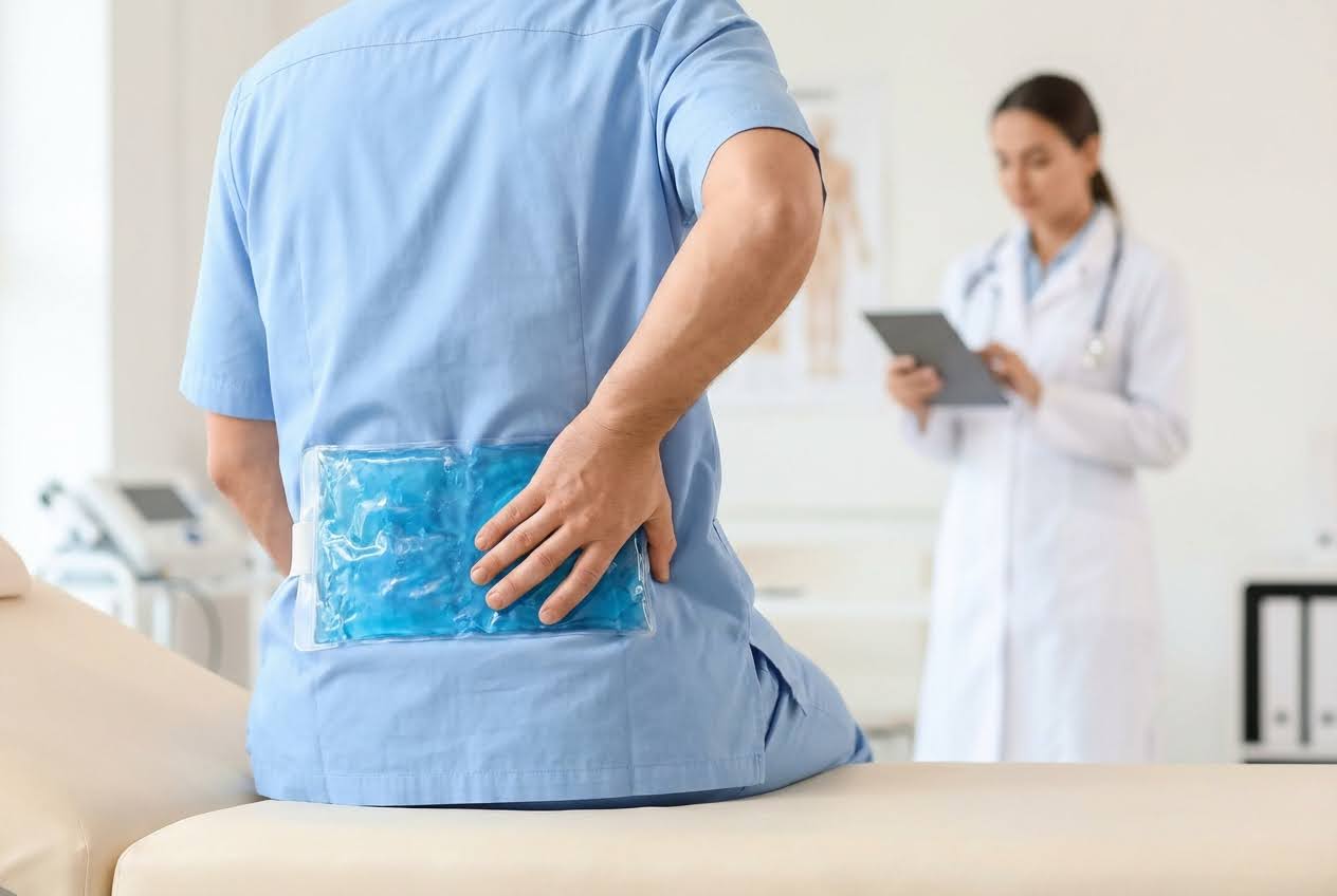 Patient in blue scrubs applies a blue gel ice pack to their lower back, while a doctor reviews notes in the background.
