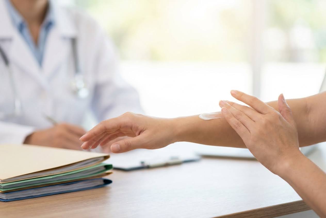 Person applying cream to their arm, with a blurred doctor in a white coat and stethoscope in the background.