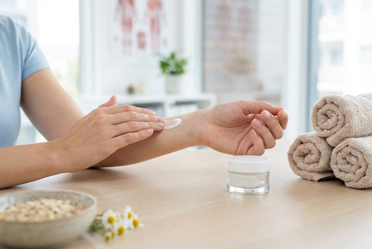 Person applying white cream to their forearm, with a jar of cream, rolled towels, and a bowl of oats on a light wooden table