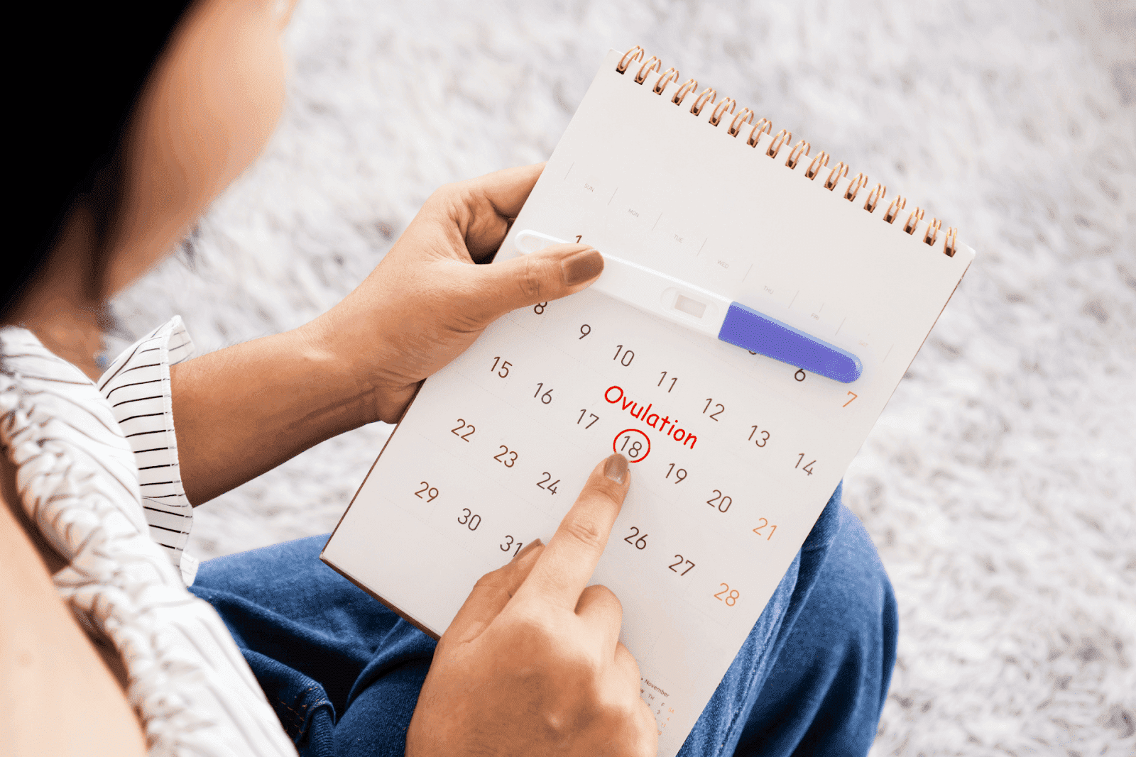 Person holding a calendar with the 18th circled in red and labeled “Ovulation,” pointing to the date with an ovulation test placed on top