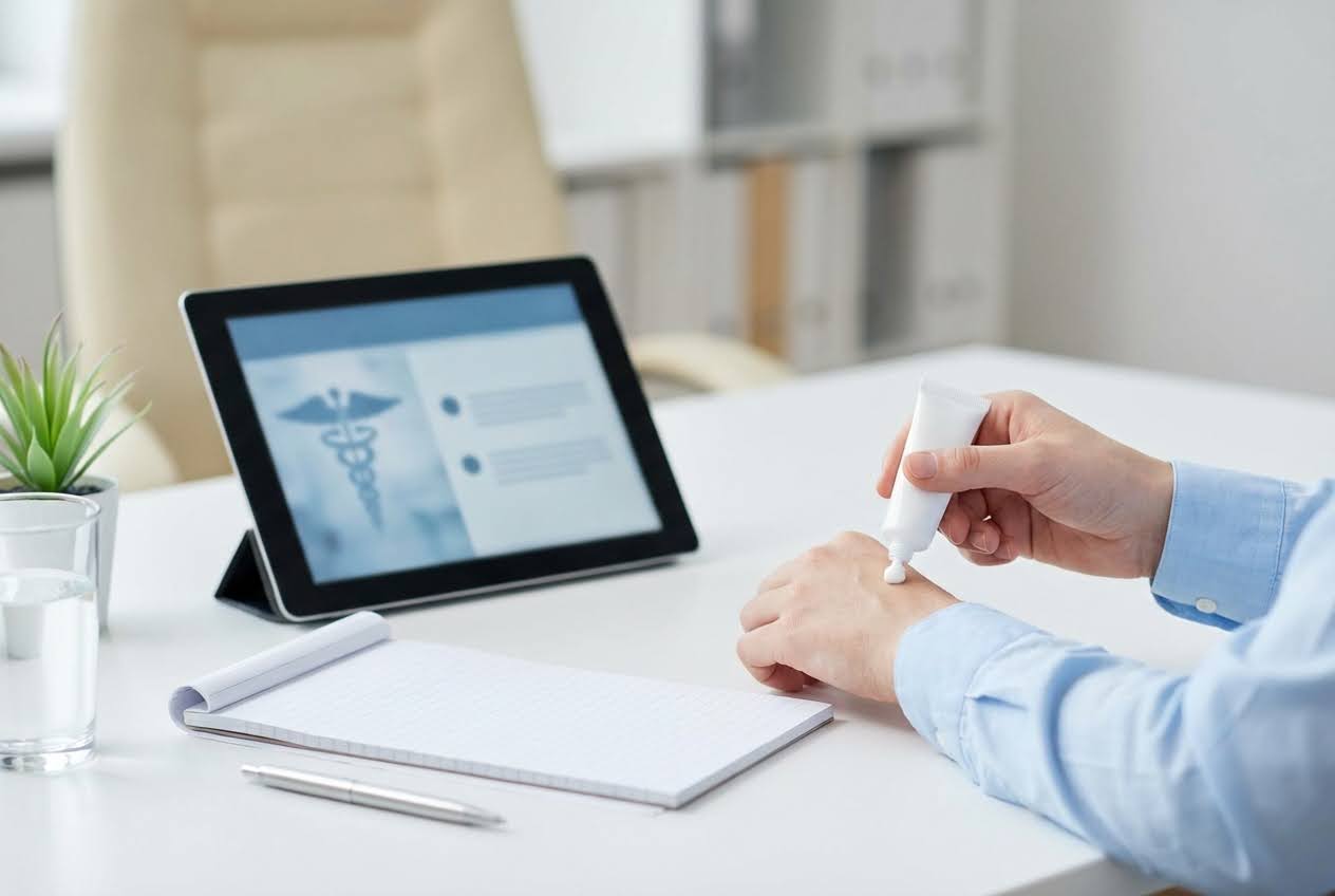 Person squeezing white cream from a tube onto their hand at a desk with a tablet displaying a medical symbol