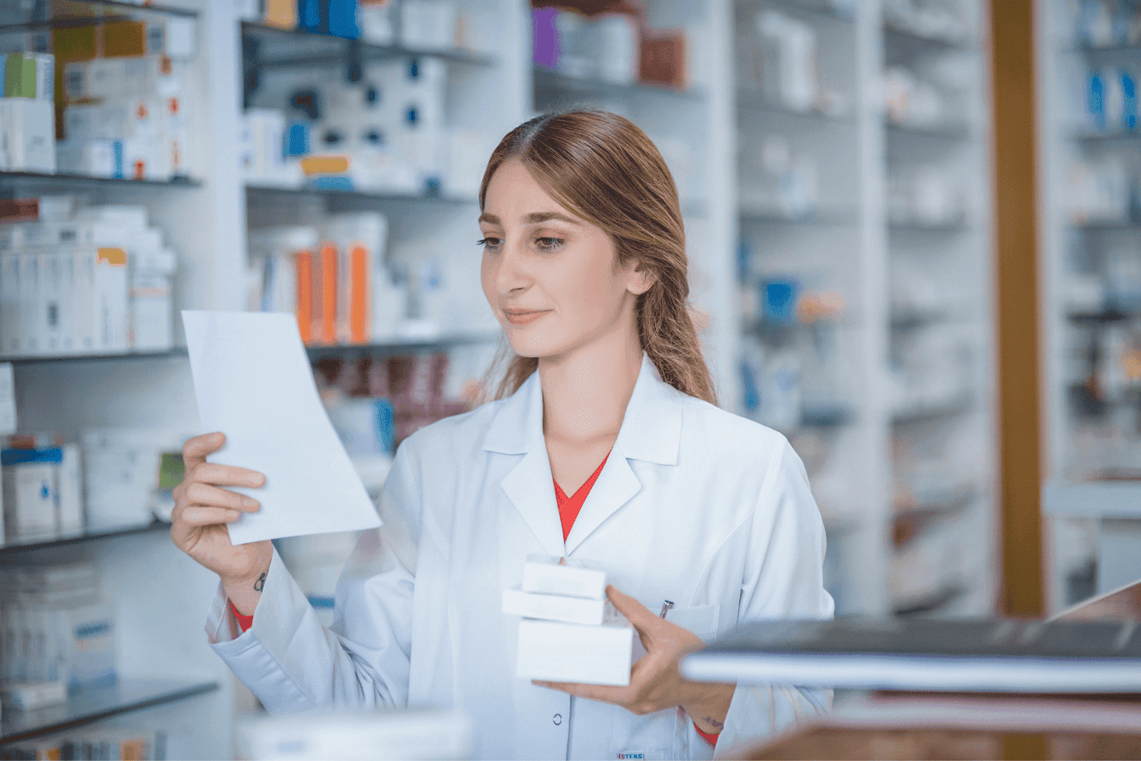 Pharmacist in a pharmacy, holding a prescription and a couple of medicine boxes