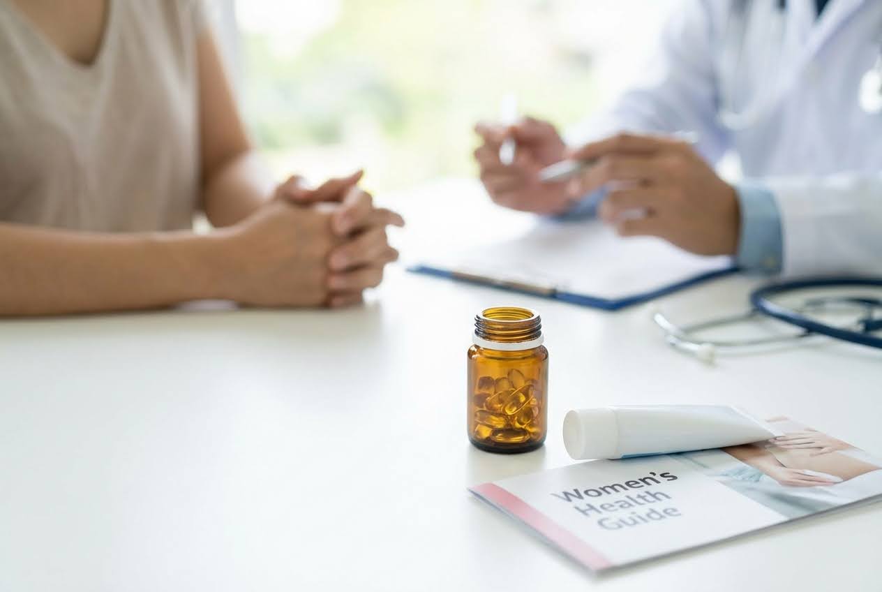 Pills, cream, and a "Women's Health Guide" on a white table, with a patient and doctor blurred in the background.