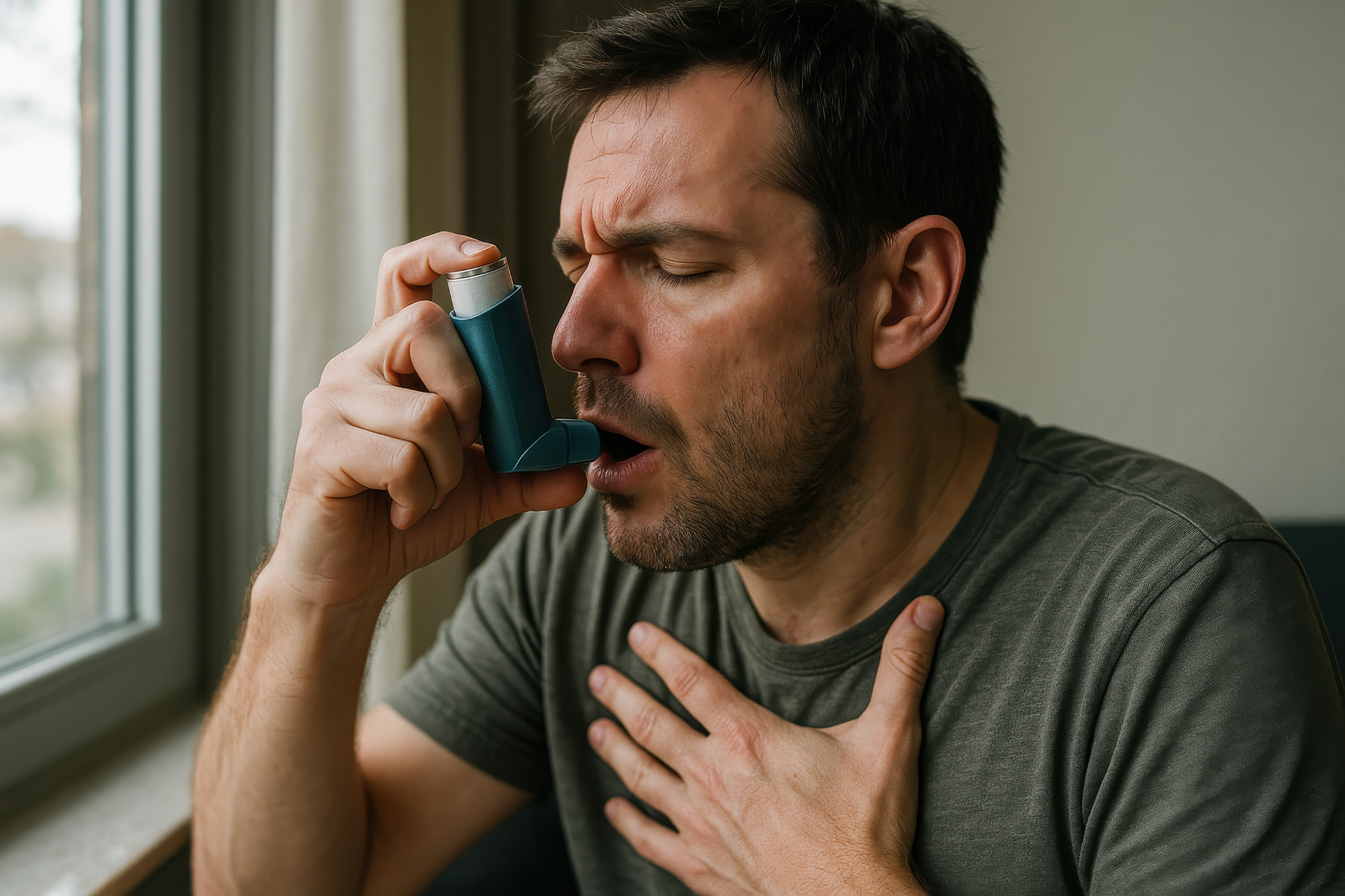 A man using a blue inhaler, holding it to his mouth while clutching his chest