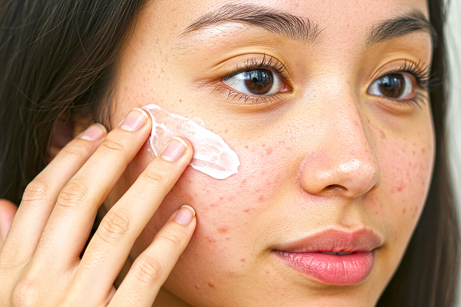 A close-up of a young woman applying cream to acne-prone skin on her cheek