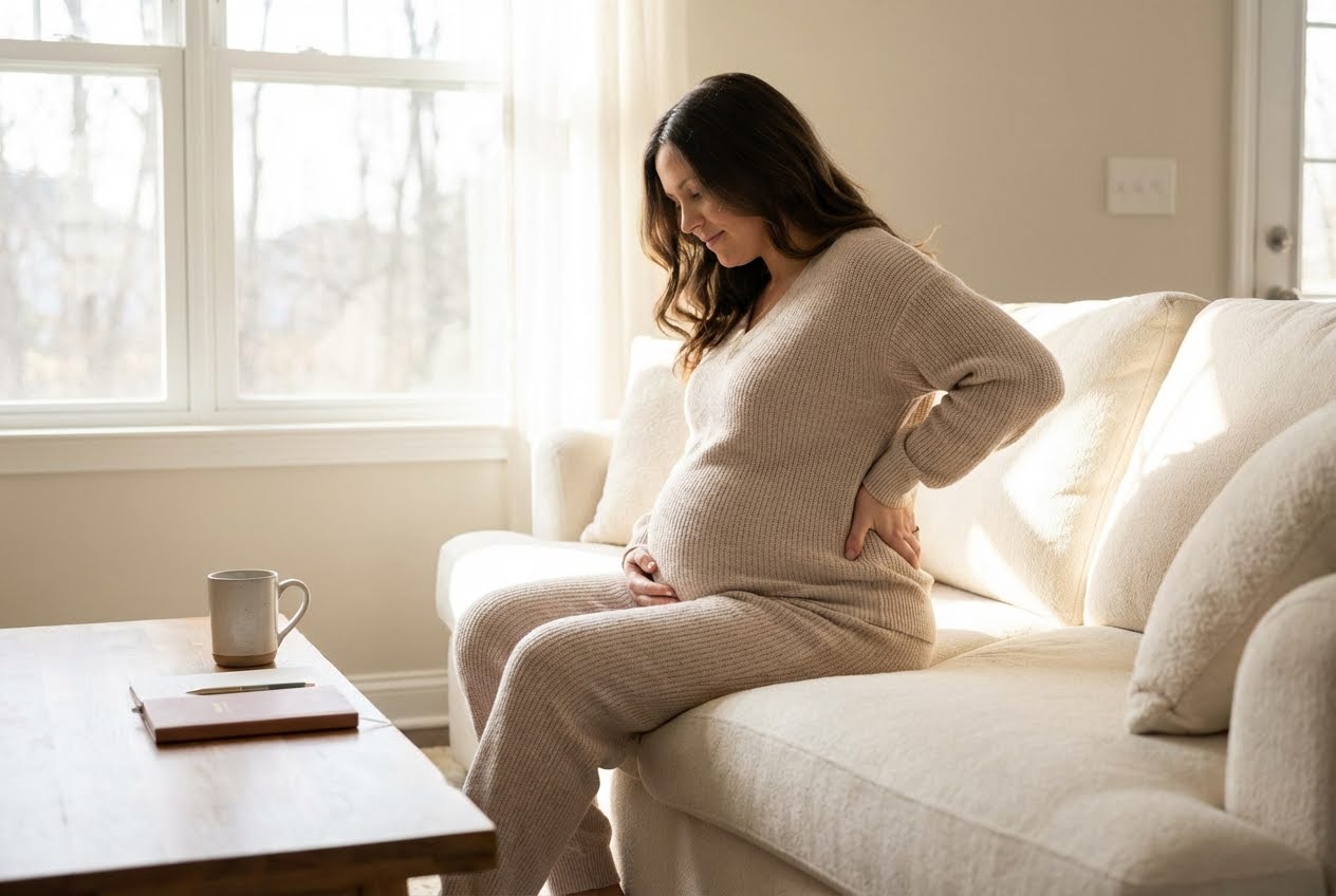 Pregnant woman in beige loungewear sitting on a cream sofa, holding her lower back in discomfort, with a window and coffee table nearby.