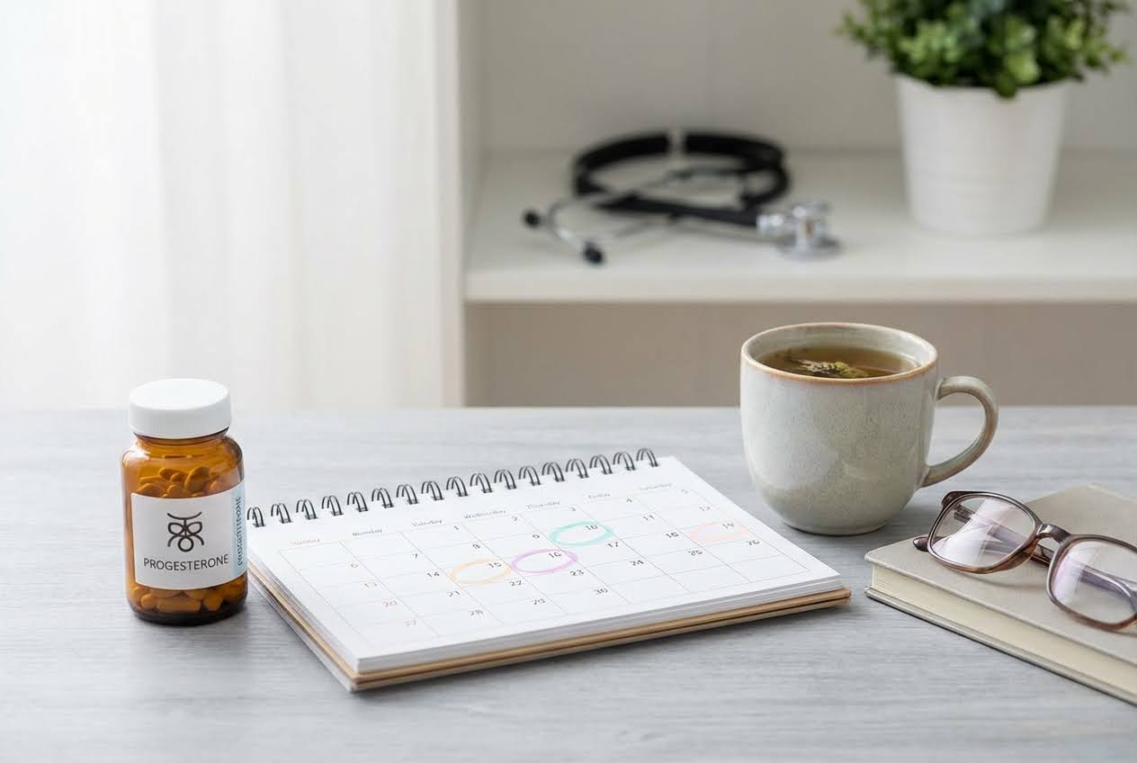 Progesterone bottle, calendar with circled dates, and tea mug on a desk with a stethoscope in the background
