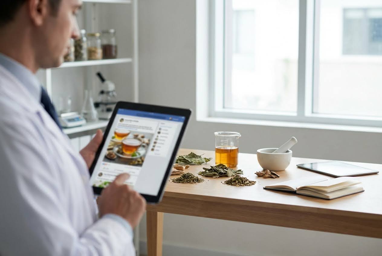 Scientist in a lab coat viewing tea images on a tablet, with tea leaves, a beaker, and a mortar and pestle on a table