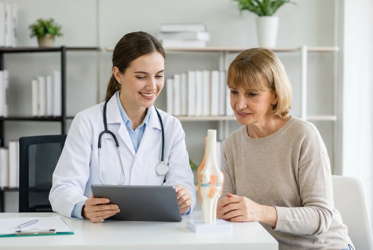 Smiling female doctor in a white coat showing a tablet to an older woman, with a knee model on the table.