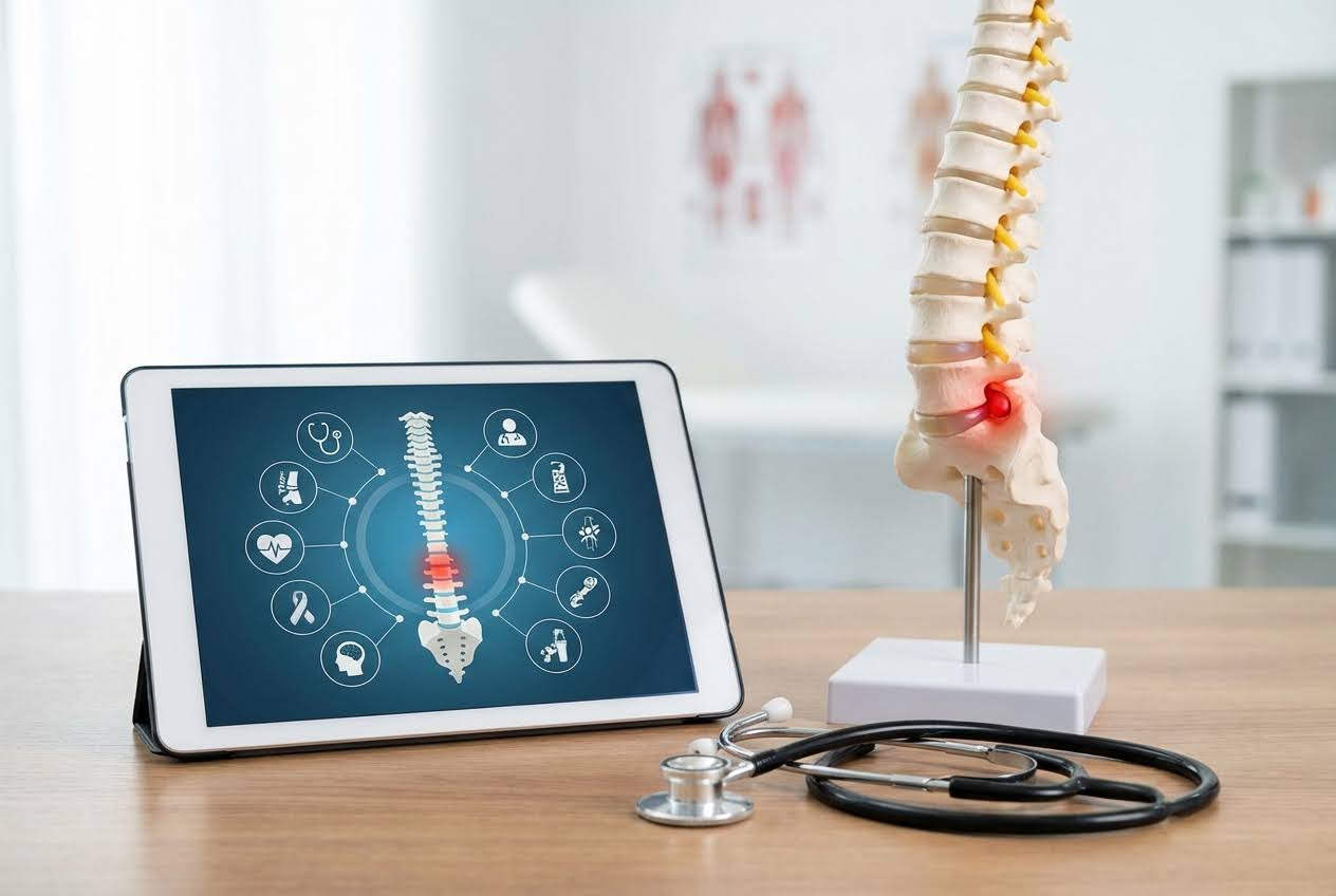 Spine model with a herniated disc, a tablet displaying a digital spine, and a stethoscope on a wooden desk.