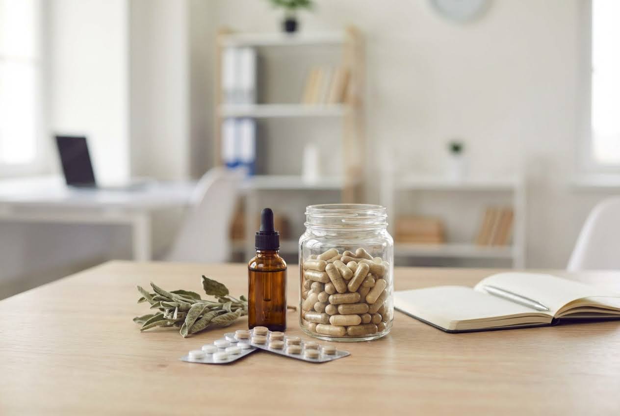 Supplements, pills, and a dropper bottle on a light wooden desk with a notebook and sage leaves.