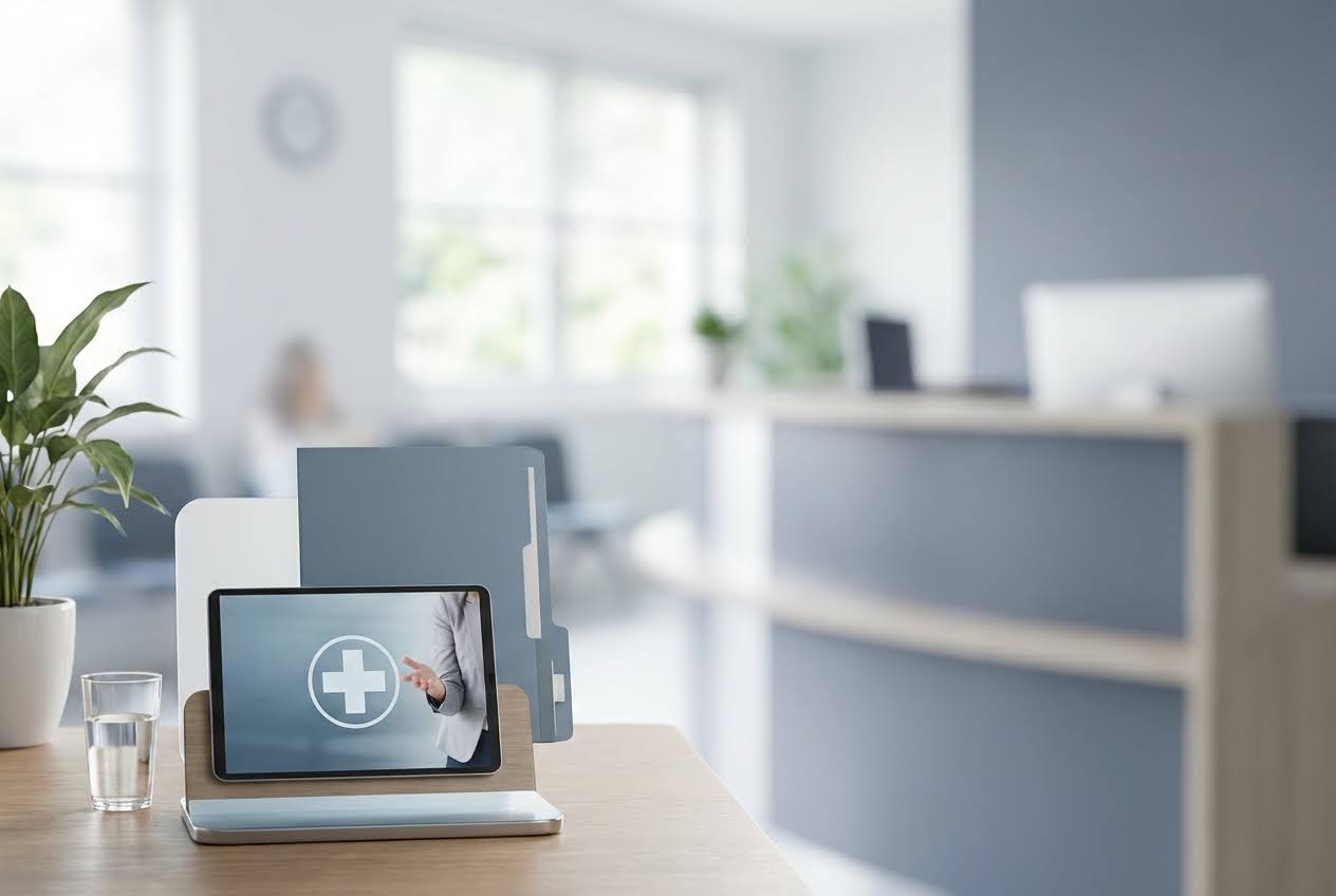Tablet displaying a medical cross and a woman's hands, with a plant and a glass of water on a desk in a blurred office.