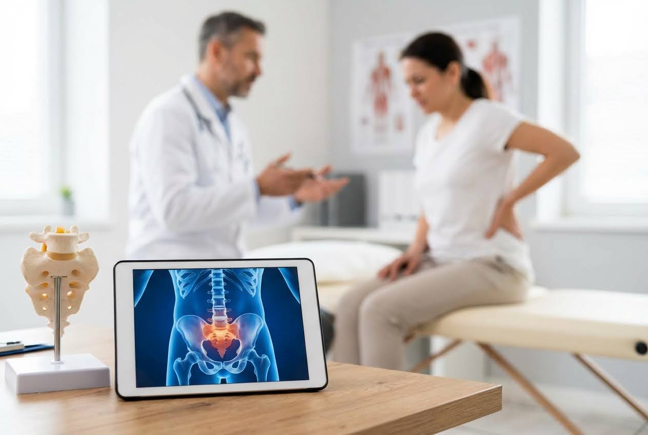 Tablet showing a glowing red coccyx on a human skeleton, with a doctor and patient with back pain in the blurred background.