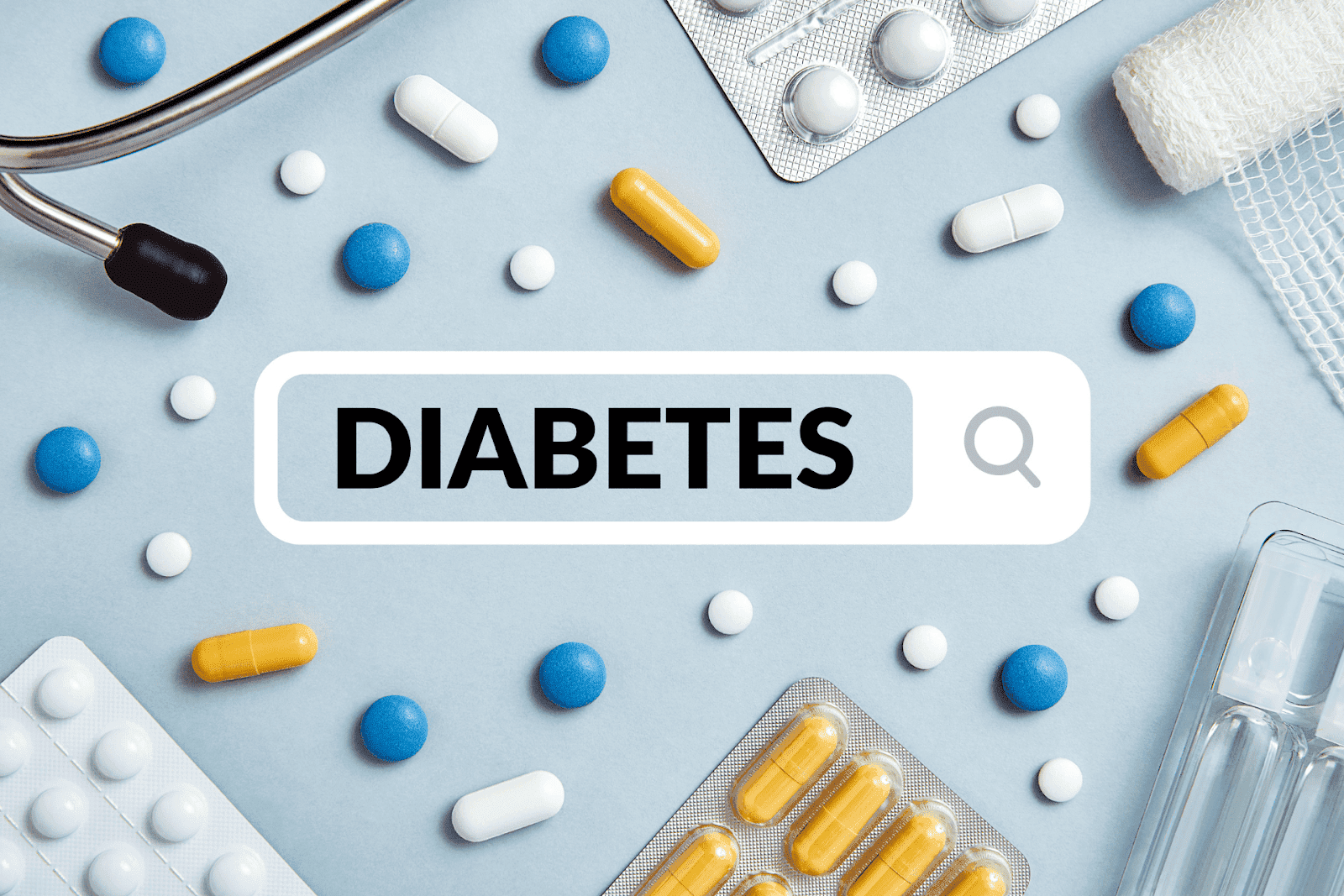 The word “Diabetes” inside a search bar surrounded by various pills, blister packs, and medical supplies on a light blue background.