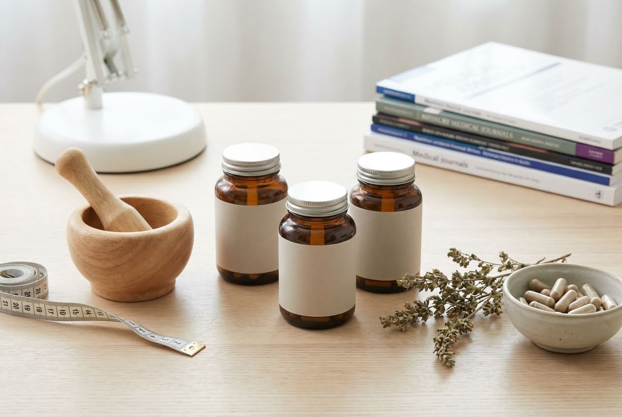 Three amber supplement bottles with blank labels, a mortar and pestle, measuring tape, dried herbs, and a bowl of capsules on a light wood desk.