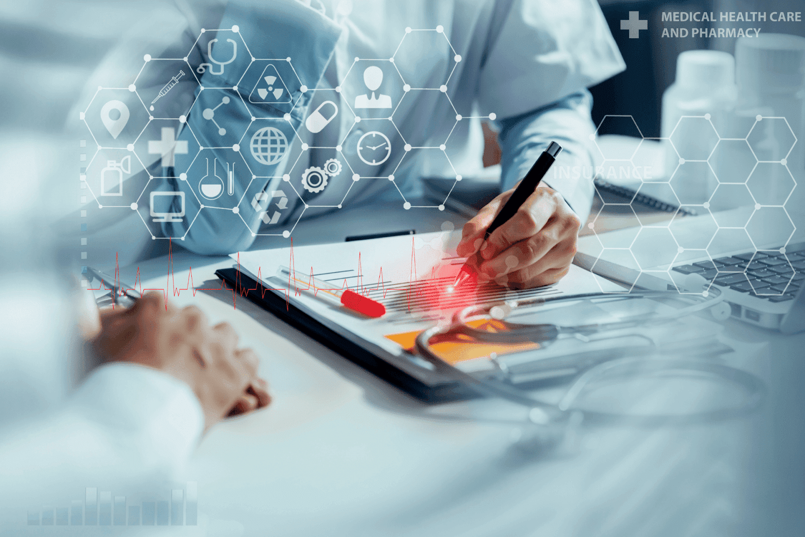 Two medical professionals are reviewing documents at a desk with a stethoscope, clipboard, and laptop, overlaid with digital healthcare icons and graphics