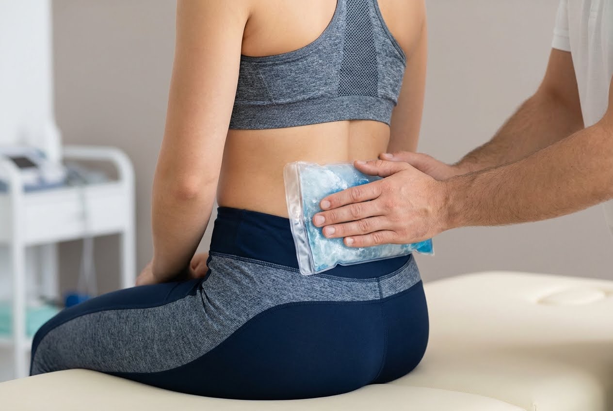 Person receiving an ice pack on their lower back from a therapist, sitting on a treatment table.
