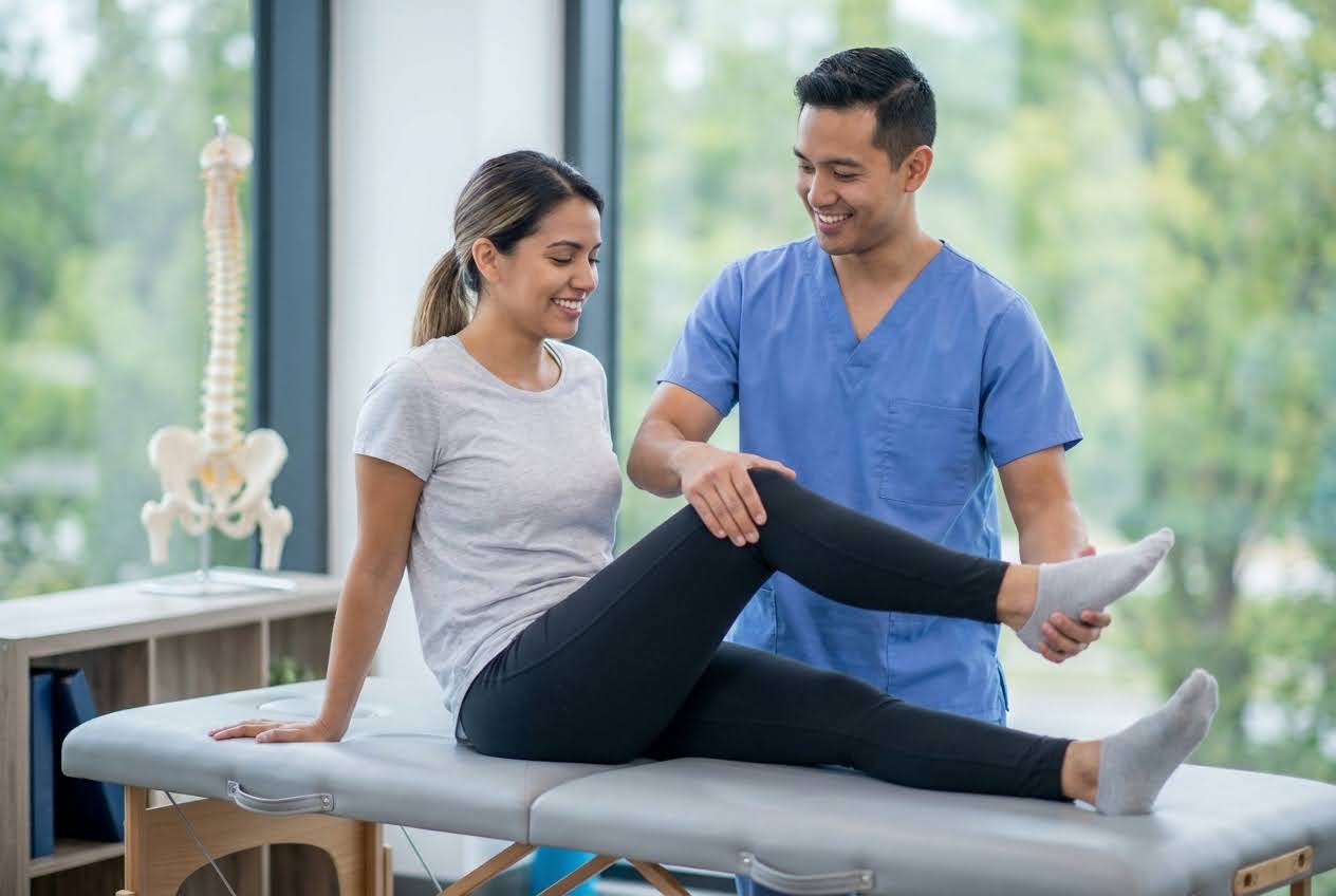 Smiling physical therapist in blue scrubs helps a woman stretch her leg on an exam table, with a spine model nearby.